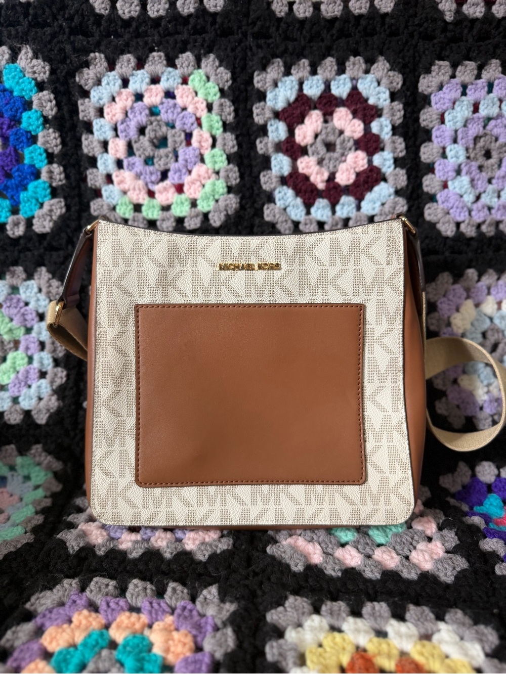 Michael Kors Cream and Brown MK Logo Crossbody Bag